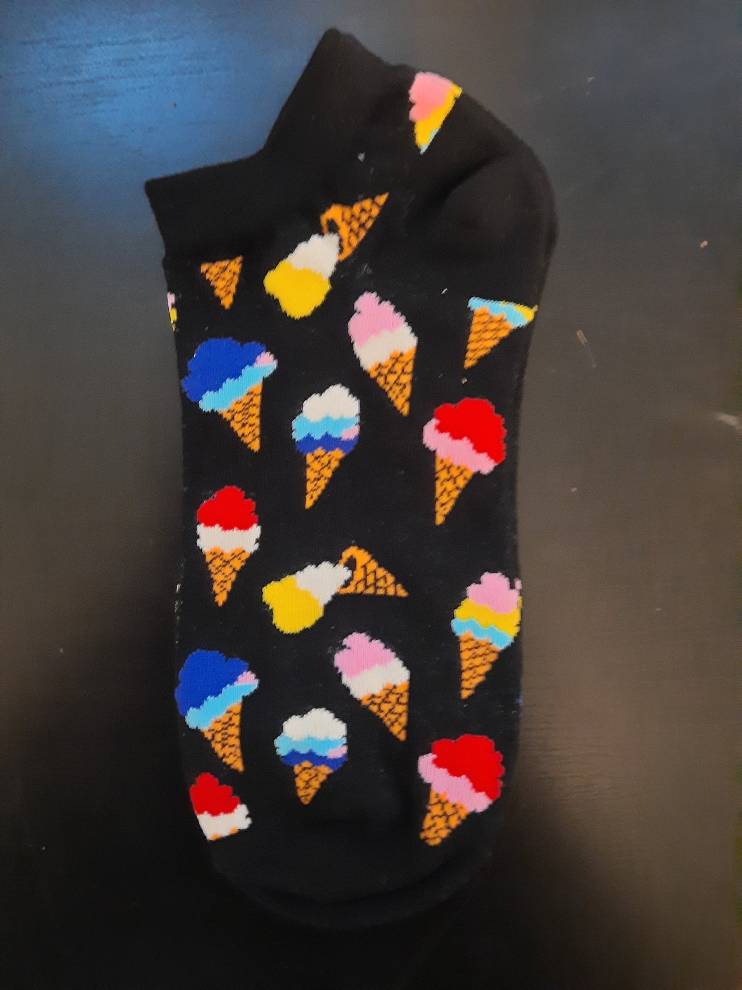 Ankle Socks and Crew Socks - Black socks with ice cream cones