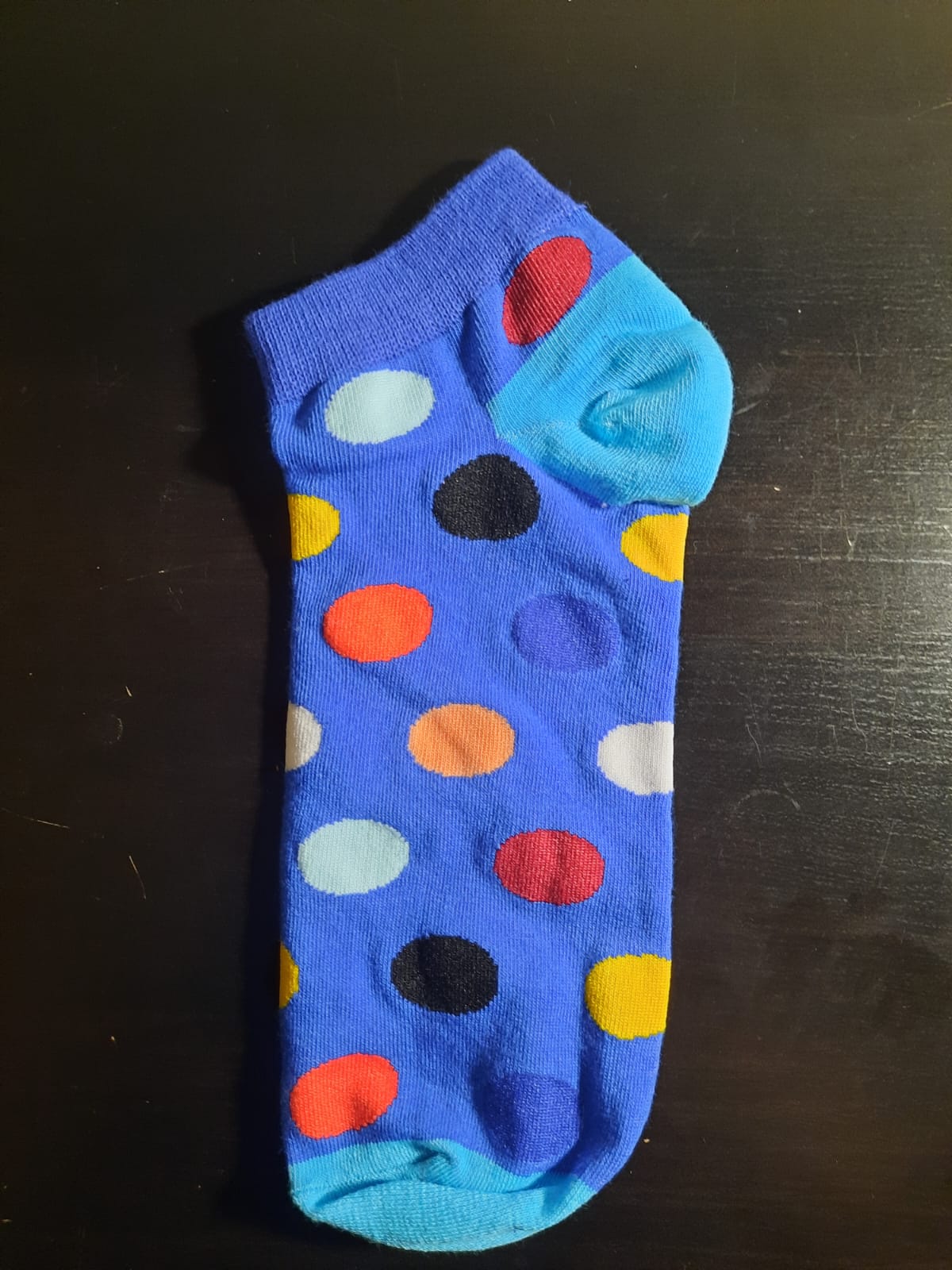Blue socks with multi-colored polka dots - Blue top